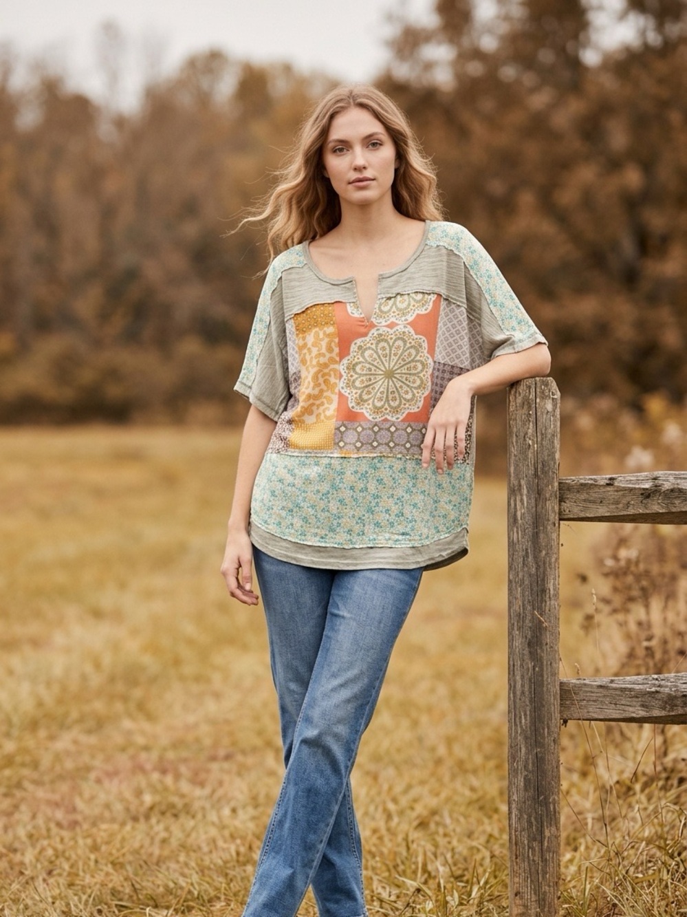 Floral Mixed Print Loose Fit Top with Scoop Hem NWT Small